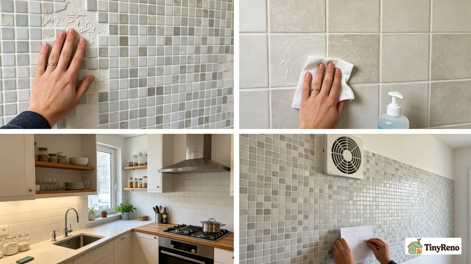 Four pre-install wall checks for peel and stick mosaic tile, inspect texture, alcohol cleaning, humidity test and dry layout marking