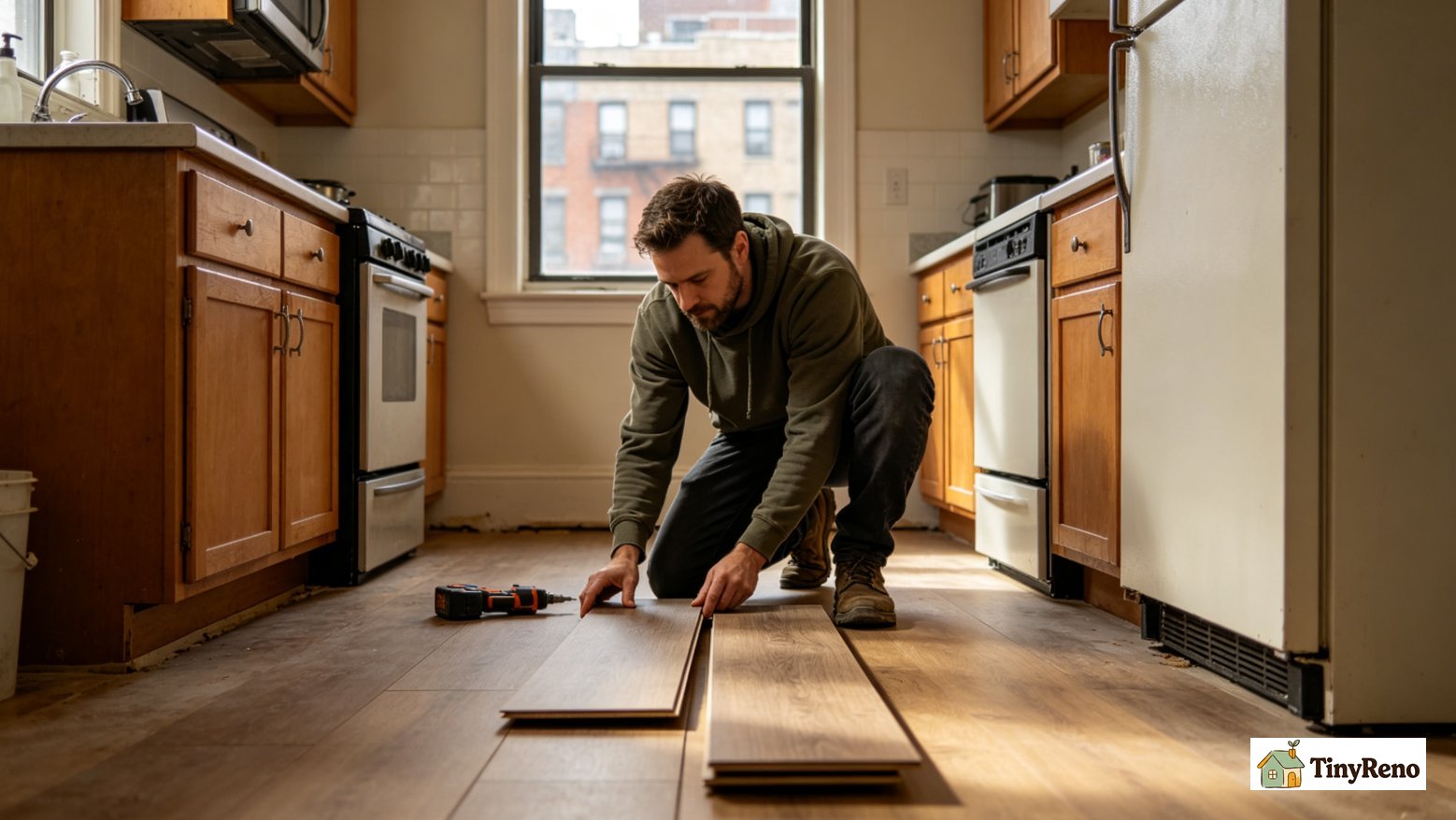 Renter assembling click-lock SPC floating vinyl planks in a Long Island City apartment kitchen