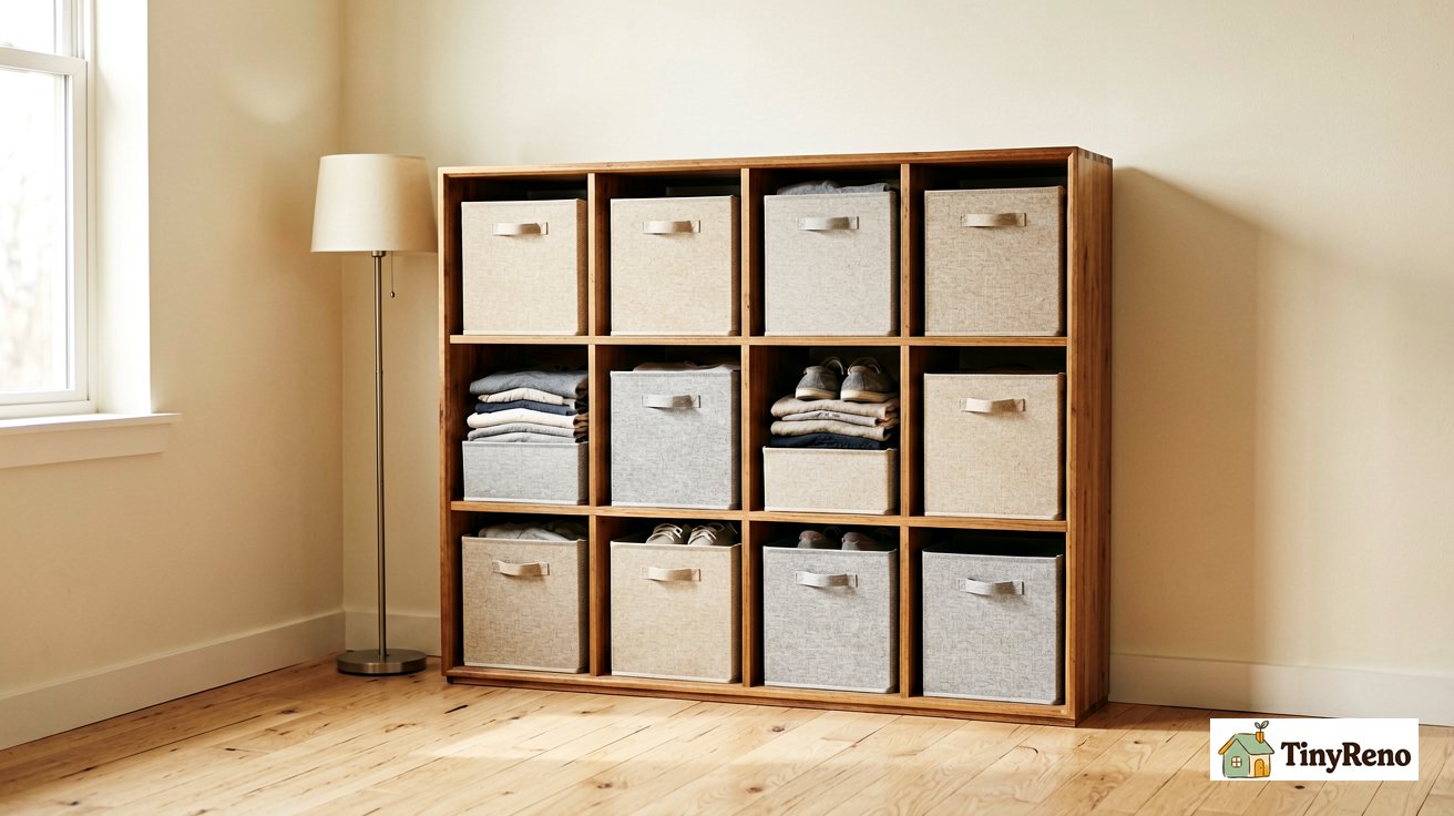 A 12-cube wooden storage shelf filled with beige and gray fabric storage bins, standing in a small studio apartment corner with morning light from a window.