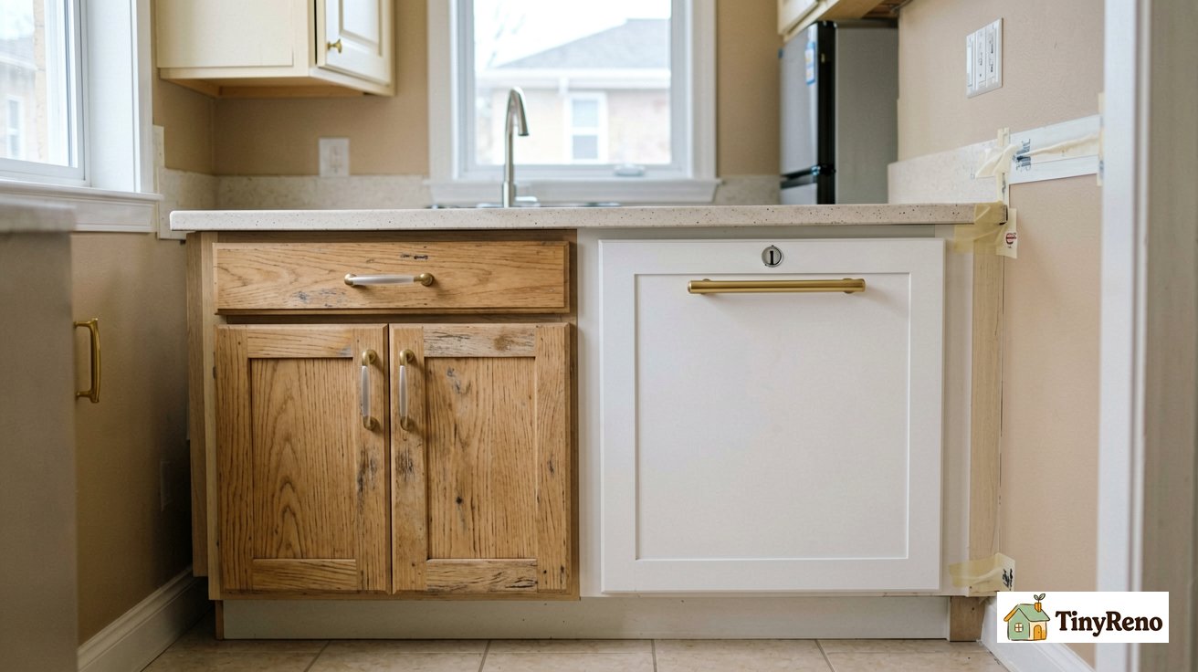 Side-by-side comparison of a rental kitchen cabinet before and after painting, dated oak on the left, fresh matte white with brass bar handles on the right.