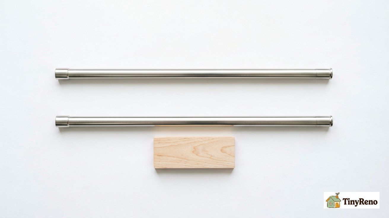 Two stainless steel tension rods and a small plywood rectangle laid out on a white surface &mdash; the components for an above-fridge tension rod shelf.
